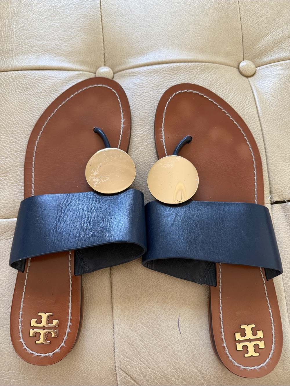 Tory Burch navy blue Leather Slide Sandals with Gold Emblem